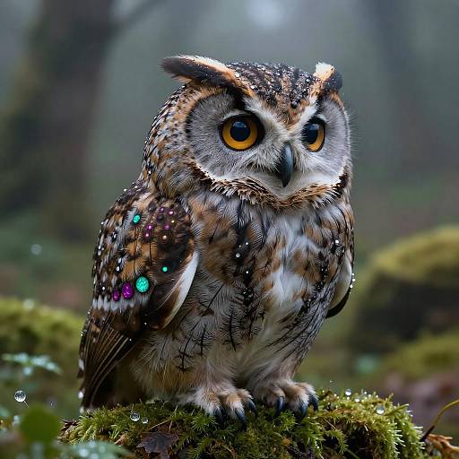Raccoon-Owl Hybrid in Dewy Forest