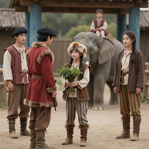 Medieval Style Group with Elephant and Greenery