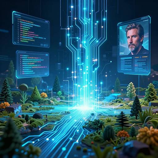 Digital CGI image: glowing blue circuit lines converge over a futuristic, illuminated landscape with trees and plants, featuring a close-up of a serious bearded man
