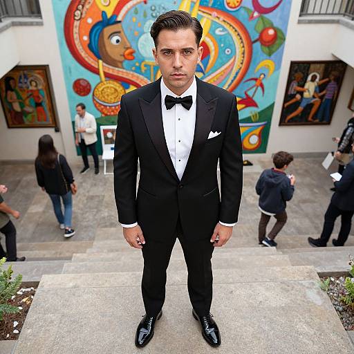 Confident Man in Classic Tuxedo Over Courtyard