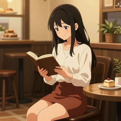 Anime-style digital drawing of a black-haired girl with long hair, wearing a white blouse and brown skirt, reading a book in a cozy café with a