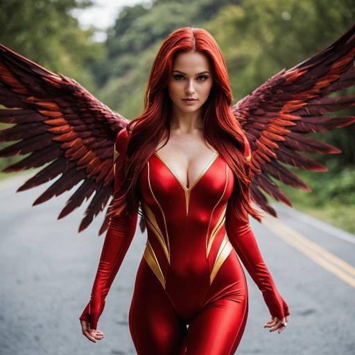Woman in Red Phoenix Superhero Costume with Wings
