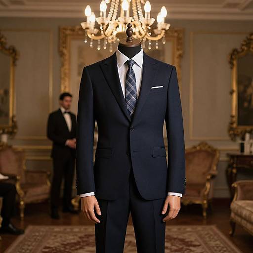 Photograph of a headless, dark-suited man with a blue tie, standing in an opulent, chandelier-lit room with ornate
