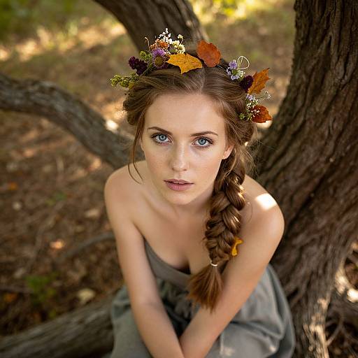 Photograph of a fair-skinned woman with blue eyes, braided brown hair, wearing a leafy crown and grey dress, sitting against a tree