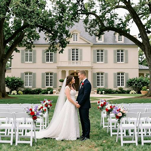 Photograph of a bride in a white lace gown and veil, holding hands with a groom in a dark suit, kissing under a large tree with a