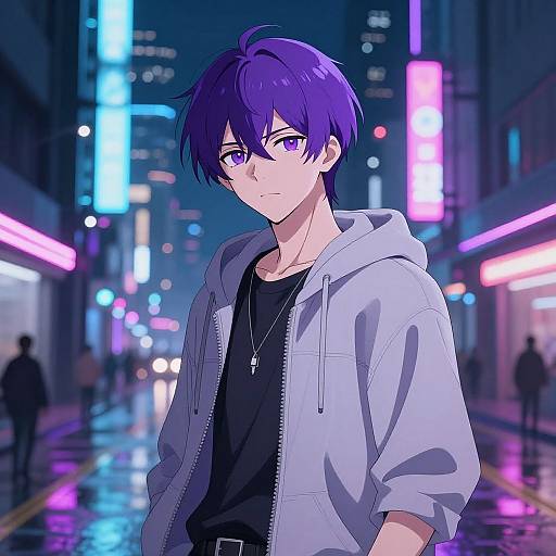 Anime-style digital drawing of a purple-haired boy in a gray hoodie and black shirt, standing in a neon-lit, rainy urban street.