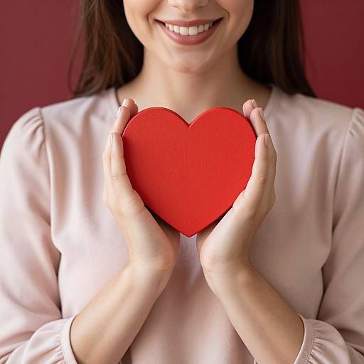 Photograph of a smiling woman with fair skin and long brown hair, wearing a light pink blouse, holding a bright red heart against a dark red background