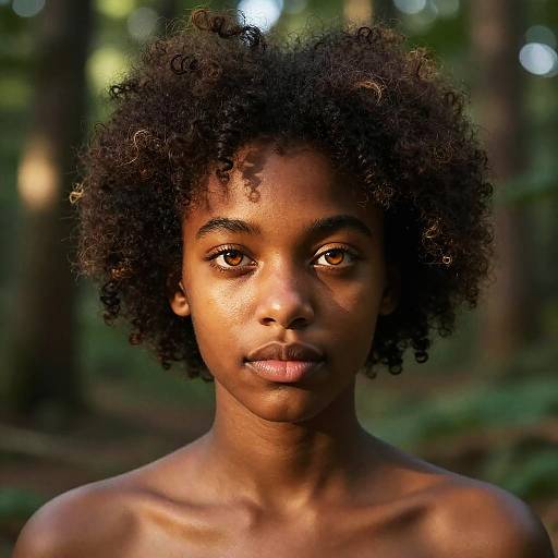 Black Girl with Hazel Eyes in Sunlit Forest