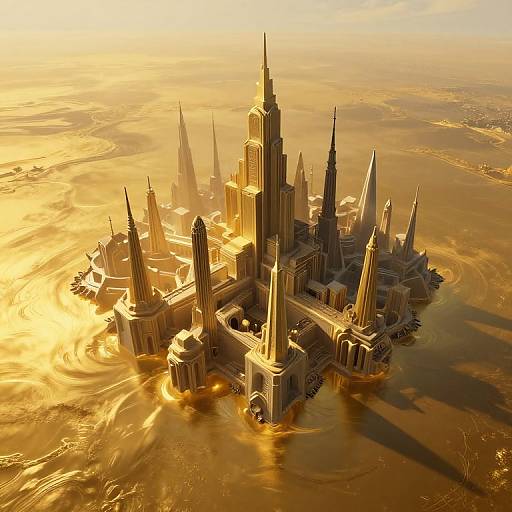 Aerial photograph of a futuristic, golden-hued city with towering spires and grand architecture, partially submerged in shimmering, sunlit water.