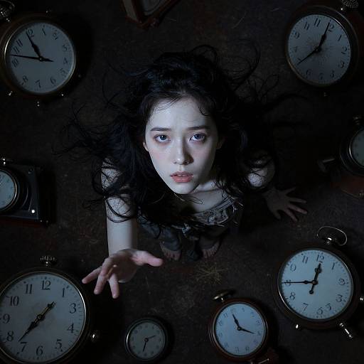 Photograph: Pale Asian woman with black curly hair, blue eyes, and parted lips, surrounded by dark clocks, reaching out, against a black background
