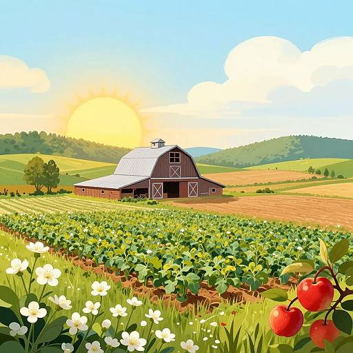 Illustrated Farm Landscape with Barn