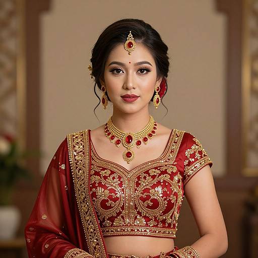 Photograph of an Asian bride in a red, gold-embellished traditional outfit with matching jewelry, including a maang tikka, earrings,