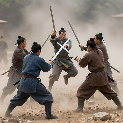 Intense Sword Fight on Rocky Terrain