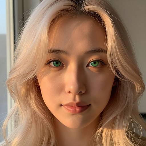 Close-up photograph of a young Asian woman with long, wavy, platinum blonde hair, green eyes, and light skin, illuminated by natural light from