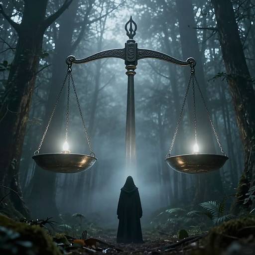 Ethereal Judgment Scale Above Forest
