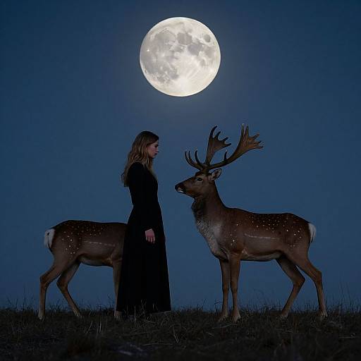 Moonlit Communion of Woman and Stag