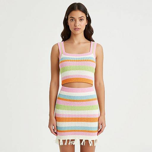 Photograph of a young woman with dark hair, wearing a colorful, striped crop top and matching skirt with frayed bottom, standing against a plain white