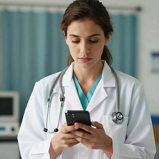 Focused Female Doctor with Smartphone