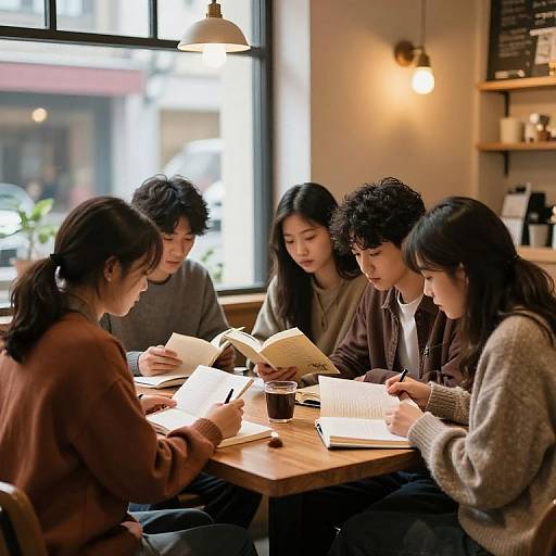 Photograph of five Asian students, three women and two men, sitting at a wooden table in a cozy café, studying and reading books, with natural