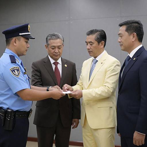 Police Officer Hands Document to Three Men