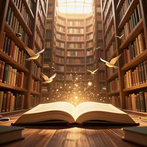 Photograph of an open glowing book in a library, surrounded by floating birds and sparkling light, with tall bookshelves in the background.