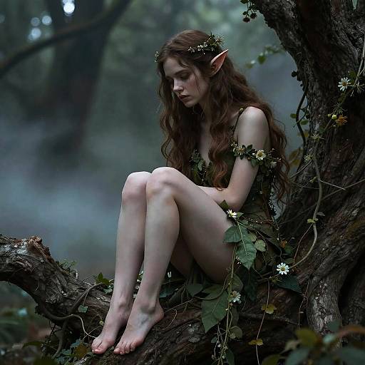 Photorealistic digital artwork of a slender, fair-skinned, elven woman with long brown hair and pointed ears, sitting on a tree branch,