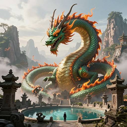 Colossal Green Dragon by Ancient Temple