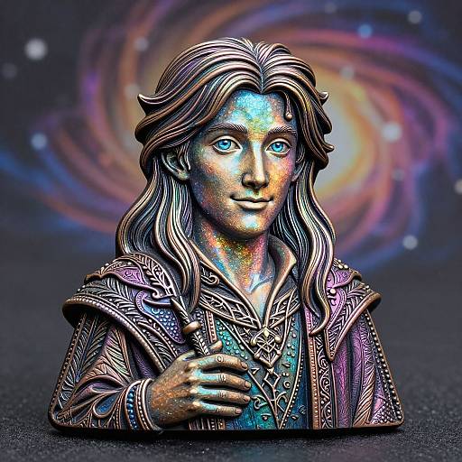 Digital artwork of a glowing, detailed, medieval-style bust with long, wavy hair, blue eyes, intricate clothing, holding a gem, against a