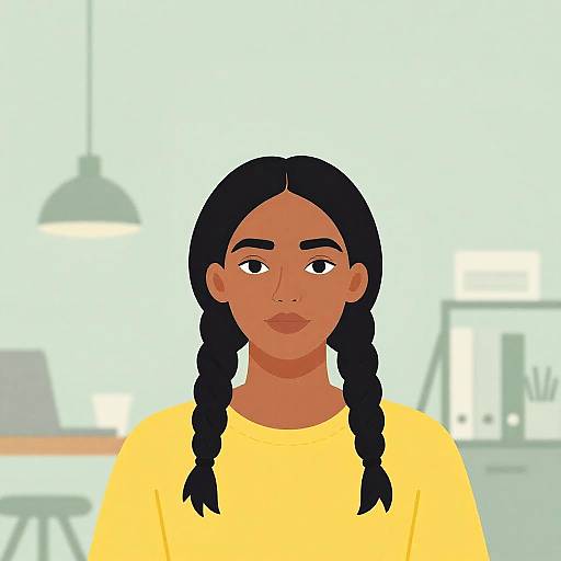 Digital illustration of a young woman with dark brown skin, black braided hair, and brown eyes, wearing a yellow shirt, in a minimalist, light
