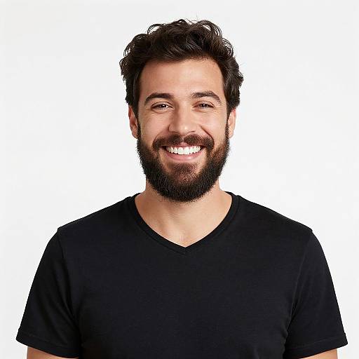 Photograph of a smiling, bearded man with dark hair, wearing a black V-neck shirt, against a plain white background.