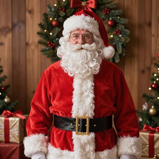 Photograph of Santa Claus in red velvet suit, black belt, white fur trim, round glasses, and fluffy white beard, standing in front of a