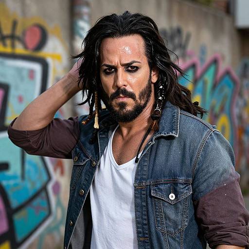 Photograph of a rugged, bearded man with long black hair, wearing a denim jacket over a white tee, standing against a graffiti-covered wall,