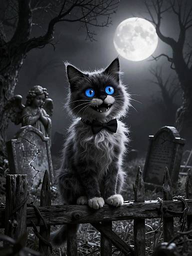 Digital artwork: Blue-eyed, fluffy black cat with bowtie, sitting on wooden fence in spooky graveyard under full moon, surrounded by tombstones.