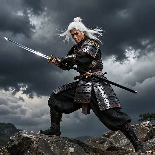 Photorealistic digital artwork of a white-haired samurai with intense expression, wielding a sword, in black armor, standing on rocky terrain under stormy