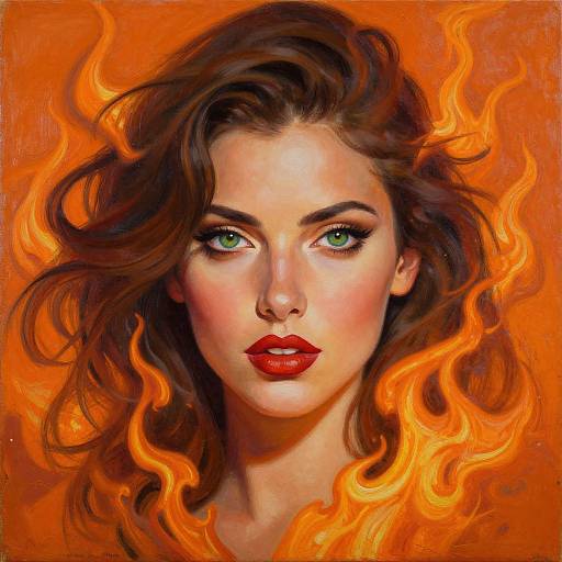 Digital painting of a woman with green eyes, red lips, and wavy brown hair, surrounded by vibrant orange flames on a fiery orange background.
