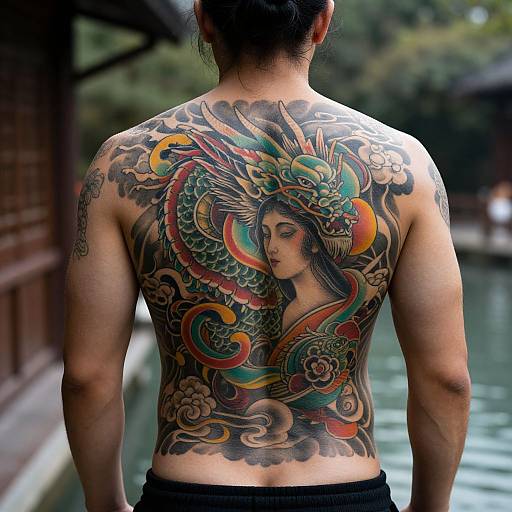 Photograph of a tattooed Asian man from behind, featuring a colorful, intricate back tattoo of a serene woman with a dragon, surrounded by traditional Asian