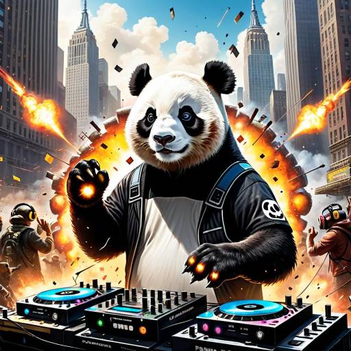 Panda DJ in Explosive Urban Scene
