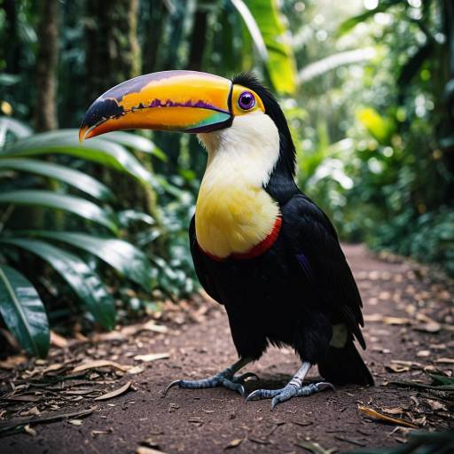Tropical Toucan with Purple Eyes on Forest Path
