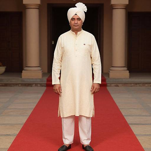 Photograph of an Indian man wearing a white traditional kurta, white pants, and white turban, standing on a red carpet in front of a
