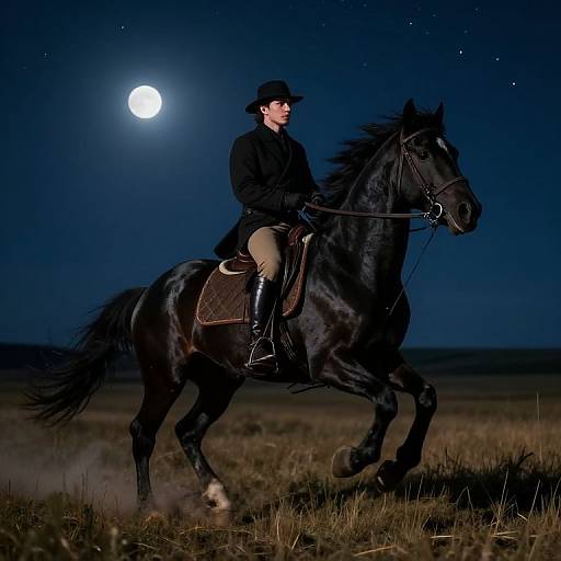 Photograph of a man in black attire riding a black horse under a full moon in a dark, starry night sky.