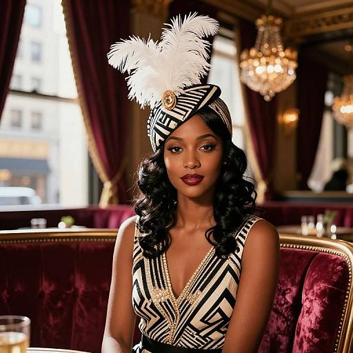 Photograph of a beautiful Black woman with dark, wavy hair, wearing a black-and-white zebra print dress and matching hat with white feathers,