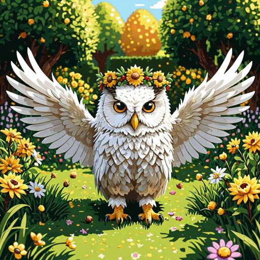 White Owl With Flower Wreath in Garden