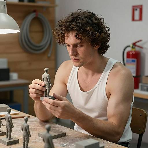 Focused Sculptor at Workbench Scene