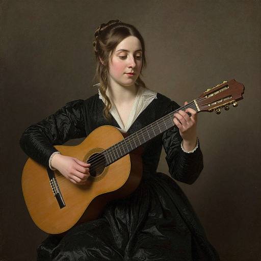 Photograph of a young Caucasian woman with fair skin and brown hair, wearing a black dress with white collar, playing a wooden acoustic guitar against a dark