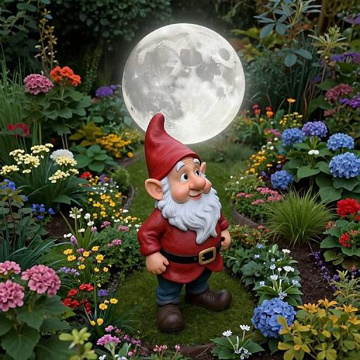 Photorealistic CGI of a cheerful garden gnome with a red hat and beard, standing in a vibrant, moonlit flower garden.