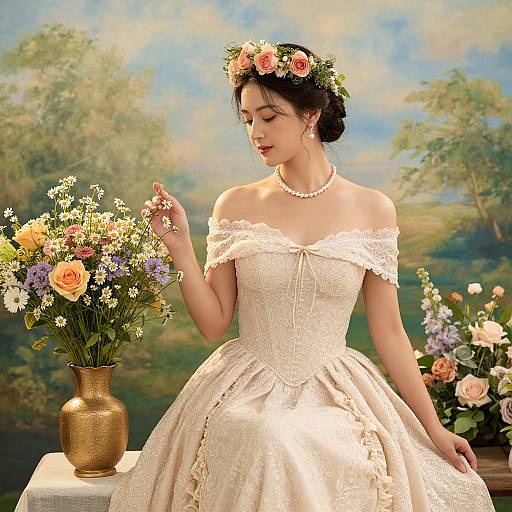 Photograph of a fair-skinned woman in an off-shoulder, cream lace wedding gown, adorned with a flower crown, admiring a colorful