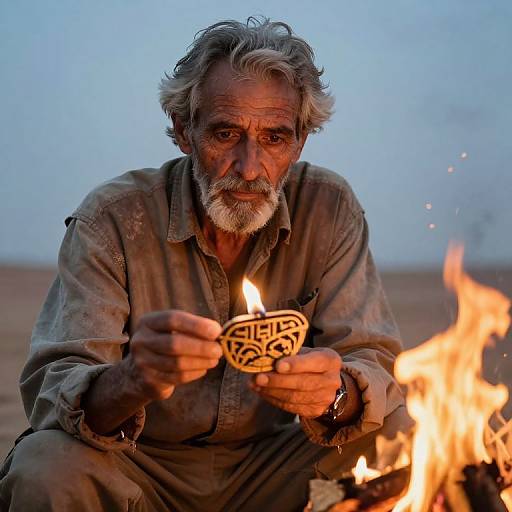 Photograph of an elderly, gray-bearded man with weathered skin, wearing a worn, brown shirt, holding a burning, patterned clay cup