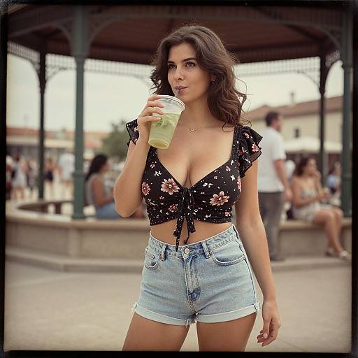 Photograph of a brunette woman with wavy hair, wearing a black floral crop top and high-waisted denim shorts, sipping a green drink