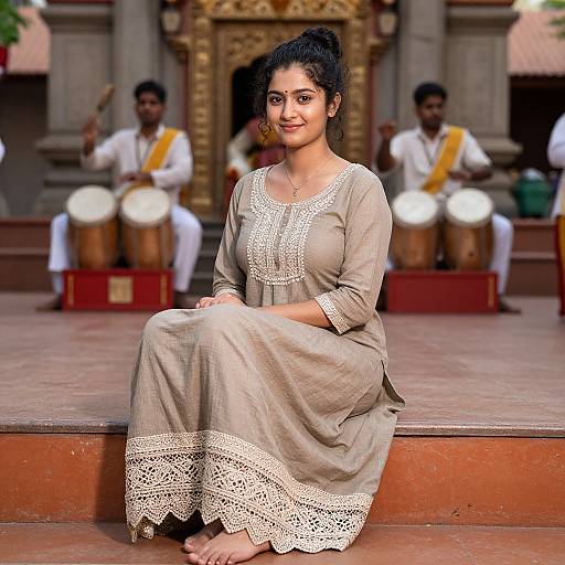 Photograph of a smiling Indian woman with dark hair in a gray lace-trimmed dress, seated on temple steps, with three musicians in white d