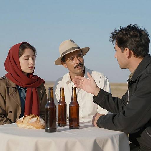 Three People Discussing Outdoors with Bread and Bottles